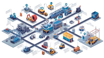 Poster - Detailed isometric flow diagram with industrial facility layout for production process material flow product components and main operating equipment concept.