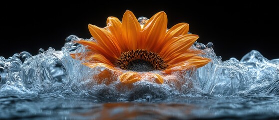 Wall Mural - Orange Sunflower Emerging from Water with Bubbles