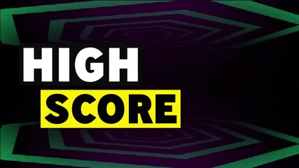 Poster - High score text over geometric animation with purple and green shapes