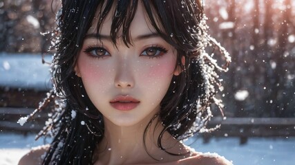 semi realistic artwork close up beautiful japanese or asian women under the rains and snow with cool background