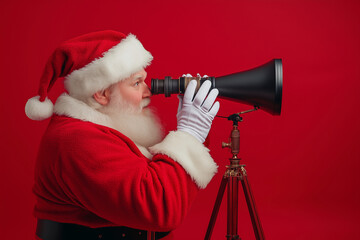 Wall Mural - Santa Claus is looking through a telescope. The image has a festive and playful mood, as it features a popular holiday figure engaging in a scientific activity