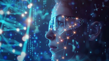 Fototapete - Woman wearing glasses with Digital Wire Line dots for Innovation Concept of Futuristic Technology world progress.