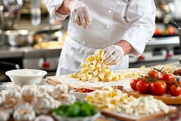 Italian chef demonstrating hand twisting pasta dough  step by step guide in masterclass