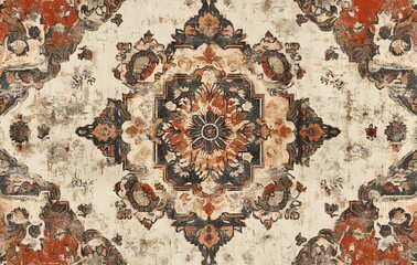 Wall Mural - 40. **Full-size vintage rug design with a seamless pattern of faded, intricate floral and geometric shapes**