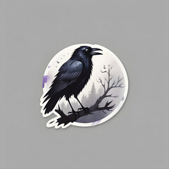 Halloween night sticker with crow moonlight, black and white color