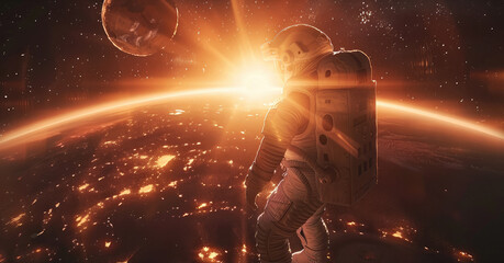 Poster - An astronaut floating in space, facing and watching the sun as it sets behind a distant planet. Generative AI.