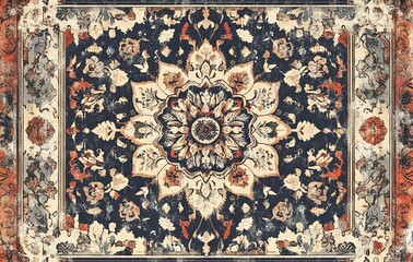 Wall Mural - 40. **Full-size vintage rug design with a seamless pattern of faded, intricate floral and geometric shapes**