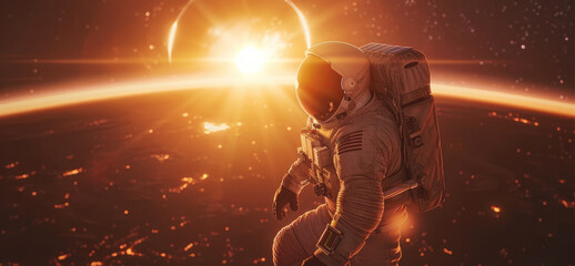 Poster - An astronaut floating in space, facing and watching the sun as it sets behind a distant planet. Generative AI.