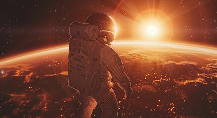 Poster - An astronaut floating in space, facing and watching the sun as it sets behind a distant planet. Generative AI.