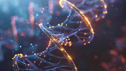 Poster - Digital illustration of DNA helix with abstract futuristic style in glowing blue orange aesthetic colors.