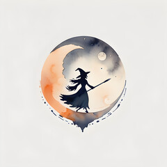 Halloween night sticker with witch and moonlight, black orange and white color