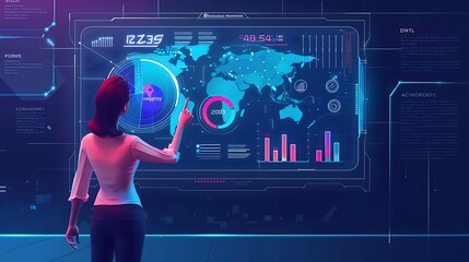 Fototapete - Woman interacting with digital graphic data screen representation interface for Futuristic future information technology concept.