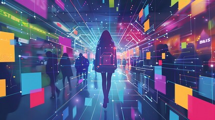 Poster - Woman walks through a digital network of data streams futuristic landscape path for Future connection Technology Concept.