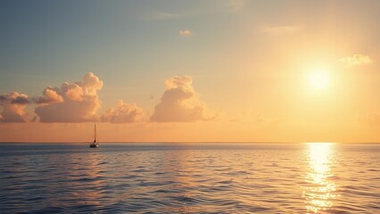 Wall Mural - A single sailboat sails across the calm water at sunset, with a bright sun in the sky.