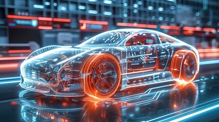 Poster - Futuristic autonomous electric car, hologram, show car parts, diagnostics, schematics. Generative AI.