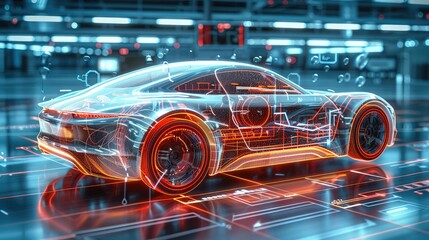 Poster - Futuristic autonomous electric car, hologram, show car parts, diagnostics, schematics. Generative AI.