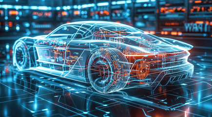 Poster - Futuristic autonomous electric car, hologram, show car parts, diagnostics, schematics. Generative AI.