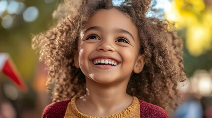 Wall Mural - A joyful child smiling brightly outdoors.