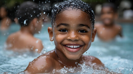 Wall Mural - A joyful child swimming and smiling in a pool, surrounded by friends.