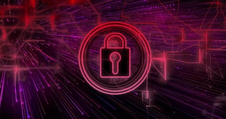 Canvas Print - Lock icon and digital security animation over abstract purple and red background