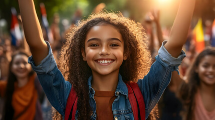 Wall Mural - A joyful girl celebrating with friends in a vibrant outdoor setting.