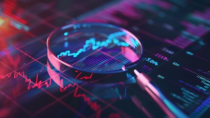 Fototapete - Magnifying glass with stock market chart for Concept analysis of financial data examination investment purposes.