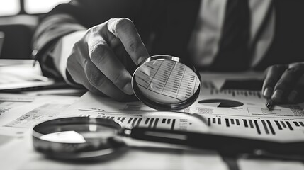 Poster - Businessman Hand holding magnifying glass with Financial chart Analysis diagram Document for Business Success Development concept.
