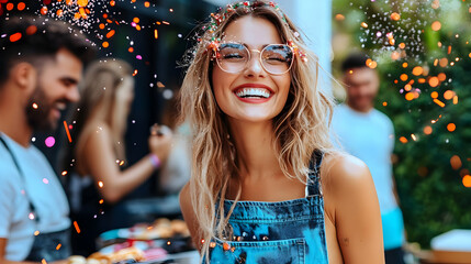 Wall Mural - A joyful woman smiling at a social gathering with friends.