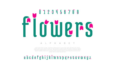 Wall Mural - Flowers creative modern geometric urban alphabet font. Digital abstract futuristic, game, techno, robot, music, logo, sport, minimal technology typography. Simple numeric vector illustration