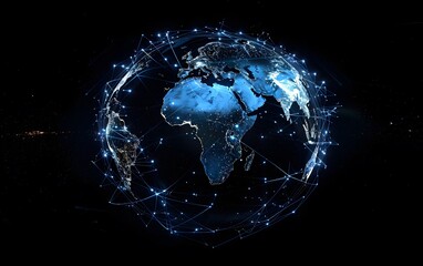 Poster - Digital representation of Earth with illuminated networks and points of connectivity on a dark background, symbolizing global communication.