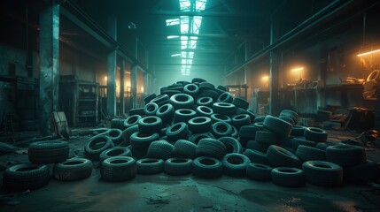 A towering heap of tires in an industrial warehouse.