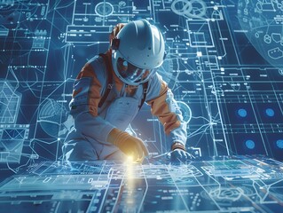Poster - Engineer in futuristic control room using virtual screen, wearing a full protective suit and helmet, with digital interface graphics.