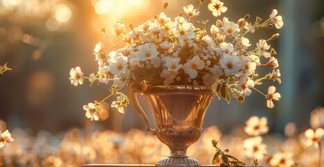 A trophy adorned with flowers reflects nobility and glory under the sunlight. sophisticated elements. Generative AI.