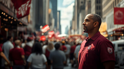 Wall Mural - A man stands amidst a bustling crowd in a city setting.