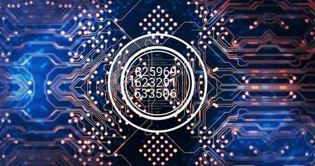  - Circuit board and data processing animation with numbers and circular elements