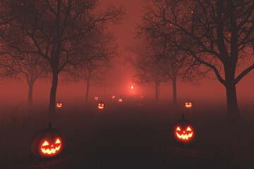 Wall Mural - Spooky jack o' lanterns in eerie forest fire at night