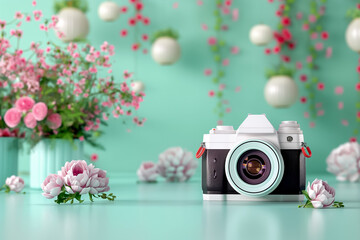 A Vintage Film Camera Elegantly Placed Amongst Gorgeous Floral Arrangements in a Bright and Cheerful Setting for Inspiration