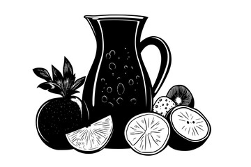 Jug filled with carbonated liquid among whole and cut fruits on a plain surface, vector illustration art