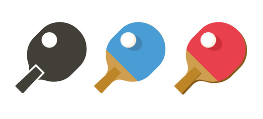 Poster - Ping pong tennis paddles with ball icon vector graphic illustration set, red blue flat cartoon pingpong game simple pictogram symbol isolated cut out image clip art
