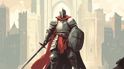 Vector-style loading screen featuring medieval knight in full armor holding sword and shield, standing before grand castle gate, minimalistic design, bold outlines, earthy tones