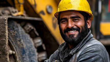 Canvas Print - A smiling construction worker in a hard hat at a job site.