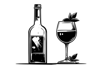 Bottle and glass of red wine, filled, placed on a flat surface beside each other, vector illustration art