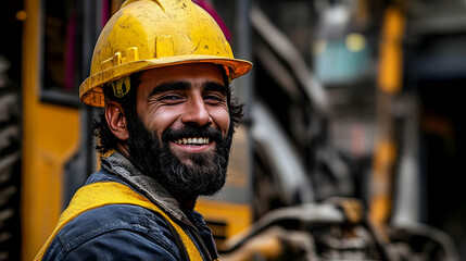 A smiling construction worker wearing a hard hat on-site.