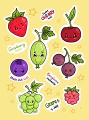 Wall Mural - Cute fruit and berries stickers. Funny cartoon kawaii characters and cool slogans. Red strawberry, gooseberry, cherry, blueberry, bunch of grapes and raspberry. Isolated Vector drawing illustrations