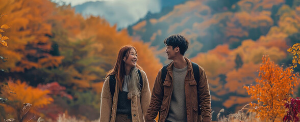 Canvas Print - A young Asian couple walking hand in hand through a Japanese autumn valley. They are both dressed in stylish casual wear, matching the vibrant ambiance. Generative AI.