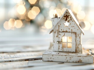 Poster - A cozy white decorative house with a star detail, perfect for enhancing Christmas and holiday ambiance in any setting.