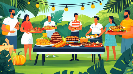 Wall Mural - A vibrant outdoor gathering with people enjoying a feast.