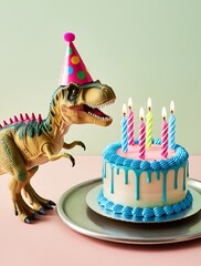 Dinosaur Wearing Party Hat Blowing Out Birthday Cake Candles in Festive Setting, Colorful and Playful Theme (21)