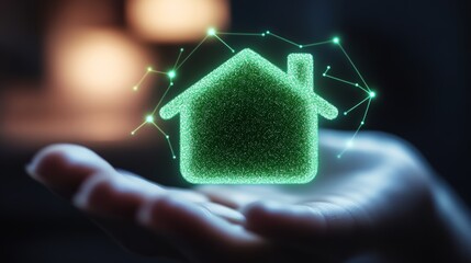 Wall Mural - A hand reaching out to touch a glowing green smart home icon, surrounded by connected lines and tech symbols forming a digital home network. The background shows a blurred cozy home interior 