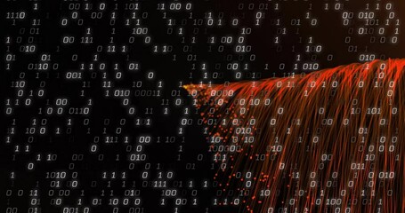 Poster - Binary code animation over fiber optic cables on dark background